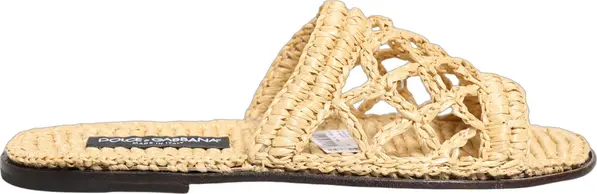 Beige Straw Raffia Slides Sandals Flats Shoes