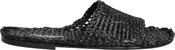 Black Straw Raffia Slides Sandals Flats Shoes