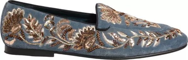 Blue Velvet Embellished Dress Loafers Shoes