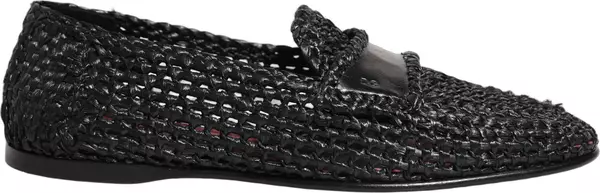 Black Woven Raffia Slip On Loafers Shoes