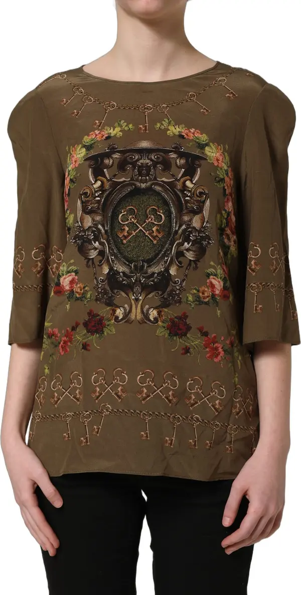 Brown Keys Roses Printed Silk Blouse Top
