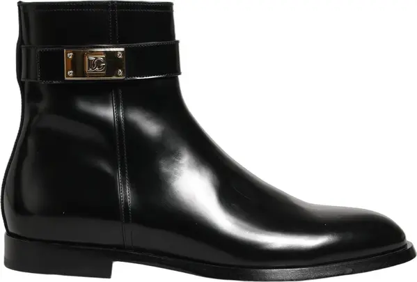 Black Leather Logo Buckle Mid Calf Boots Shoes