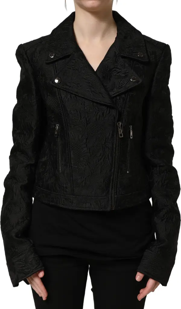 Black Floral Brocade Biker Blouson Jacket