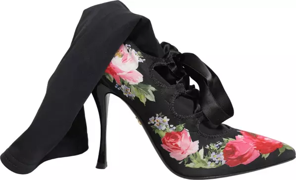 Black Floral Stiletto Mid Calf Boots Shoes