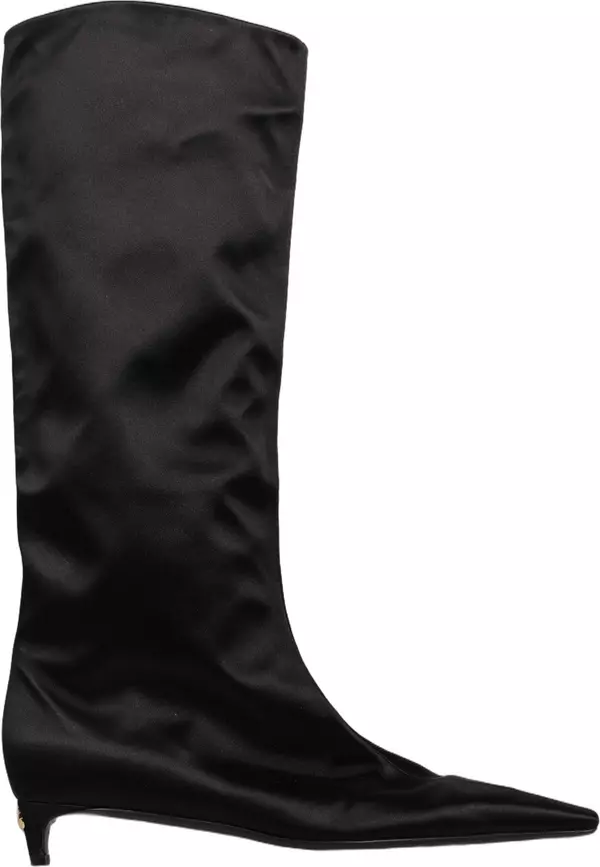 Black Satin Knee High Kitten Boots Shoes