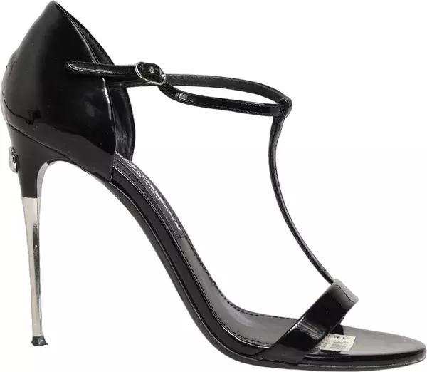Black Leather T-strap Heels Sandals Shoes