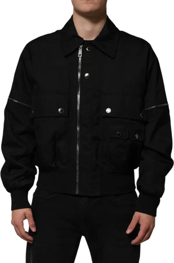 Black Nylon Full Zip Blouson Bomber Jacket