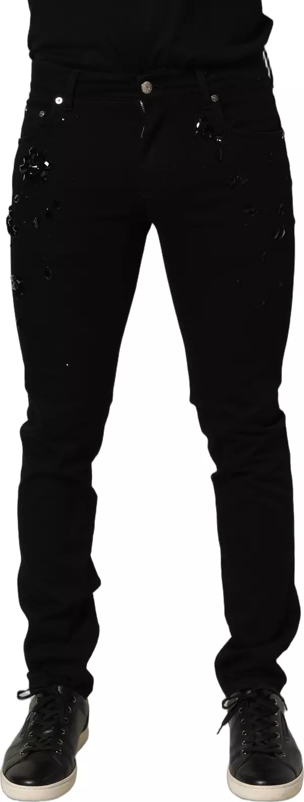Black Embellished Cotton Skinny Denim Jeans
