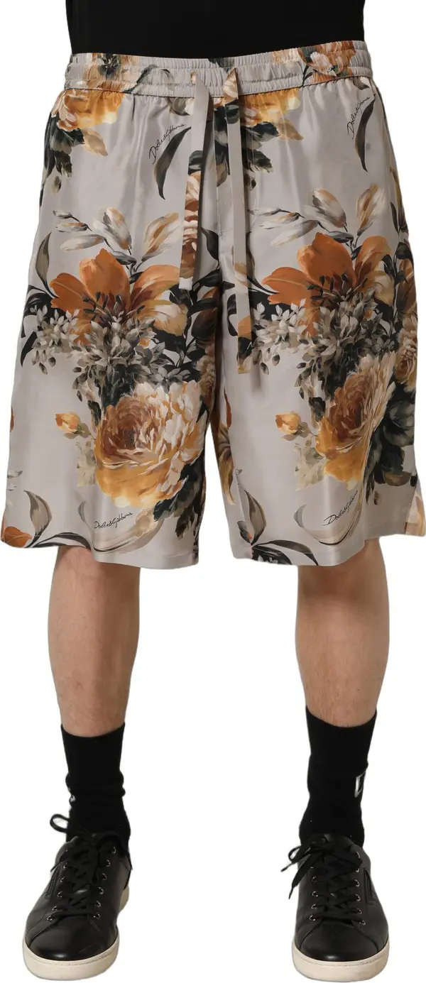 Beige Floral Print Silk Men Bermuda Shorts