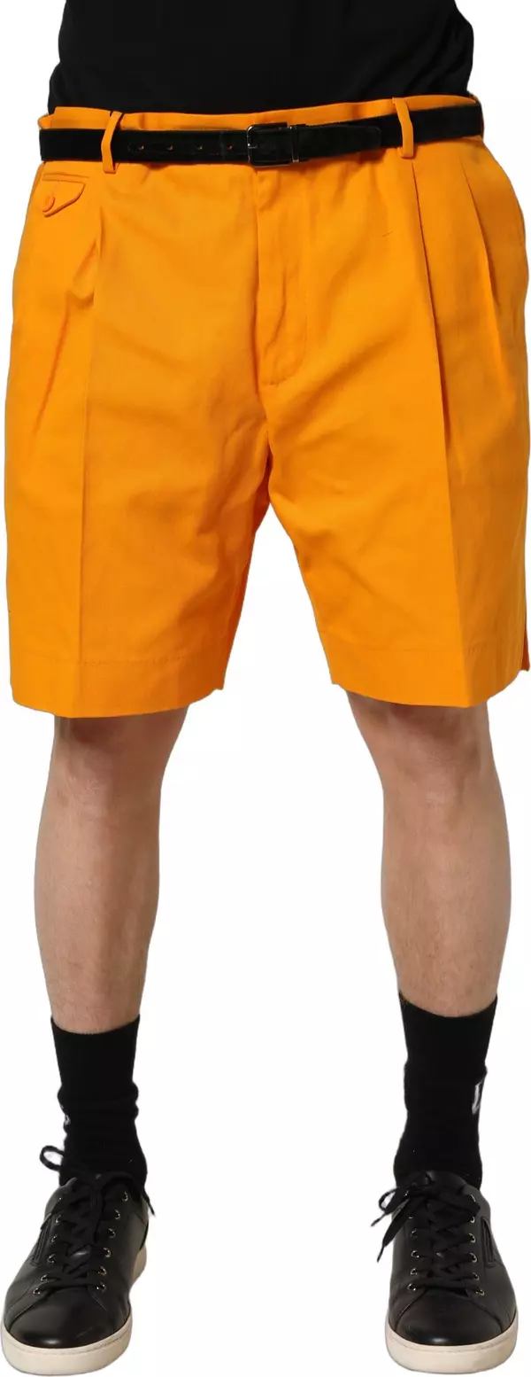 Orange Cotton Pleated Chino Bermuda Shorts