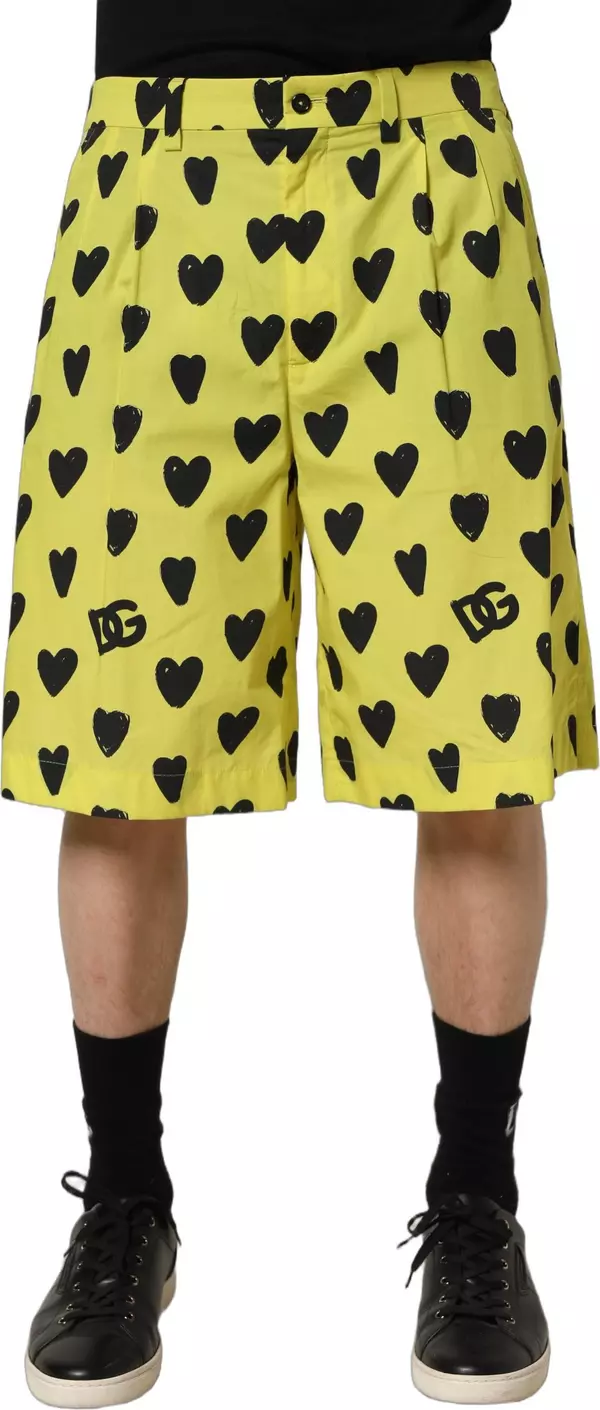 Yellow Cotton Heart Print Men Bermuda Shorts