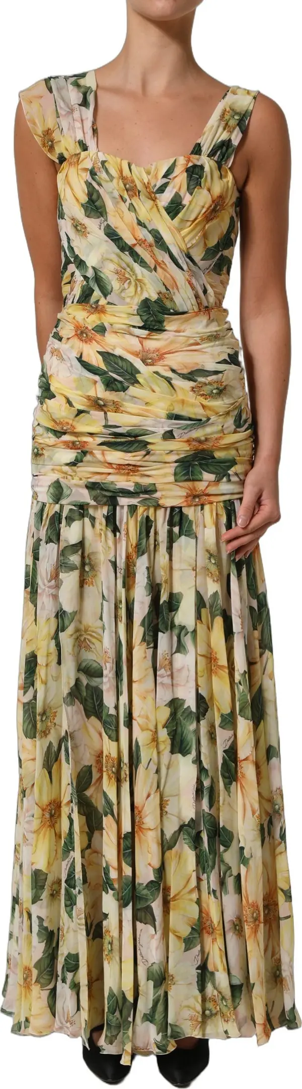 Yellow Floral Print Silk Pleated Maxi Dress
