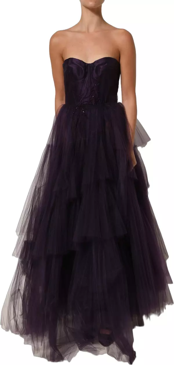 Purple Tiered Tulle Silk Long Gown Dress