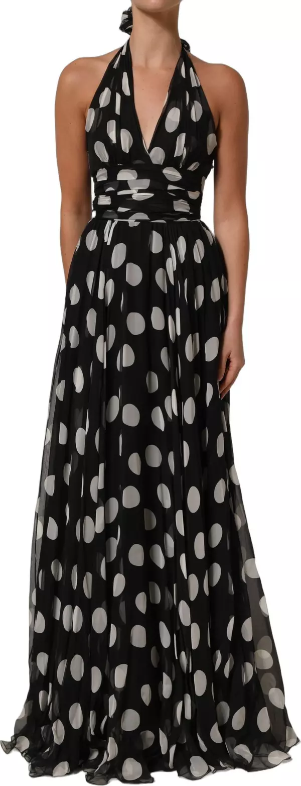Black White Polka Dot Pleated Maxi Dress
