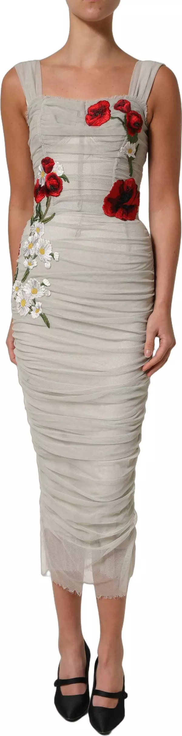 Light Gray Rose Embroidery Sheath Midi Dress
