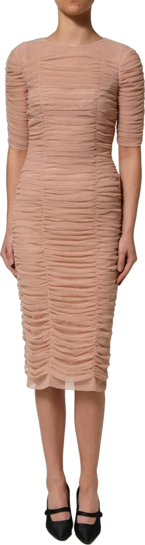Beige Cotton Mesh Ruched Sheath Midi Dress