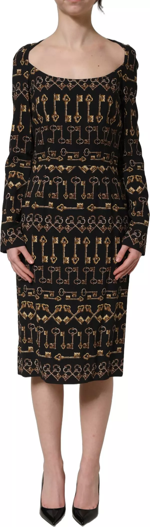 Black Key Print Long Sleeves Sheath Midi Dress
