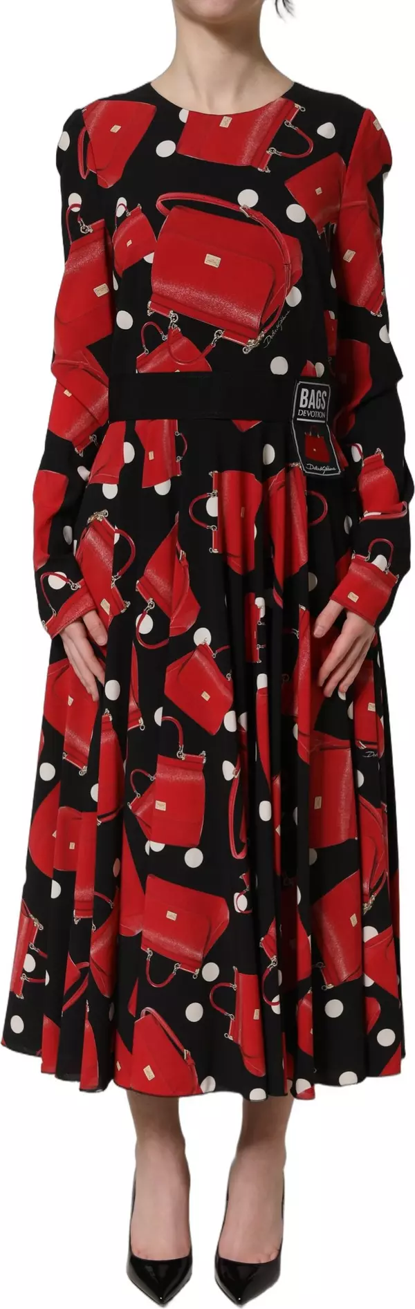 Black Handbag Print Long Sleeve Midi Dress
