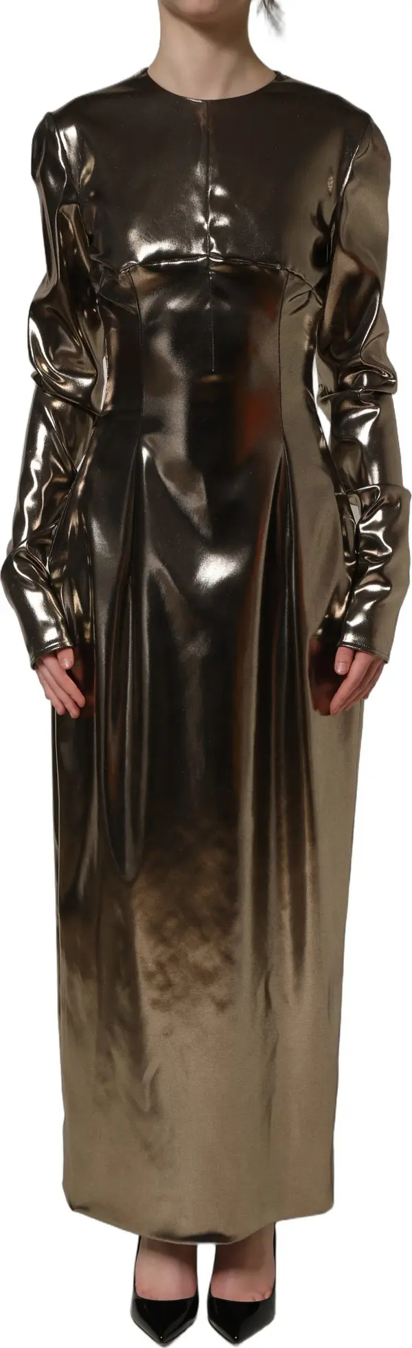 Metallic Gold Polyester LongSleeve Maxi Dress
