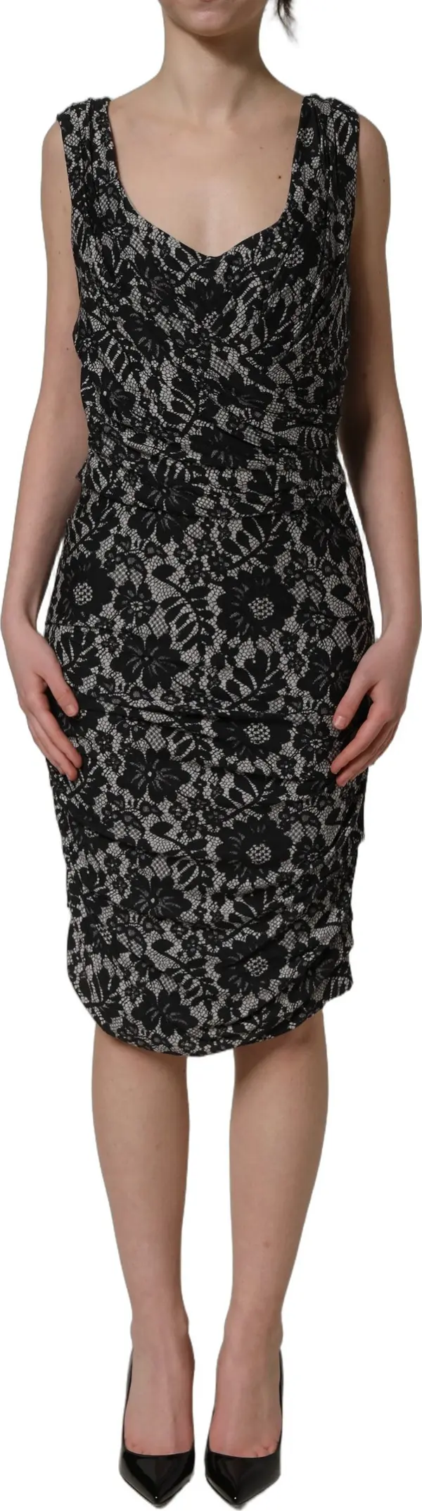 Black White Floral Lace Sleeveless Midi Dress