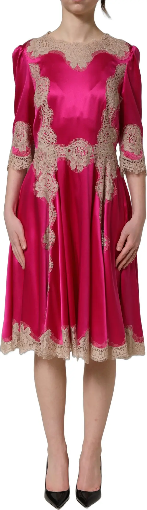 Fuchsia Pink Lace Detail A-line Midi Dress