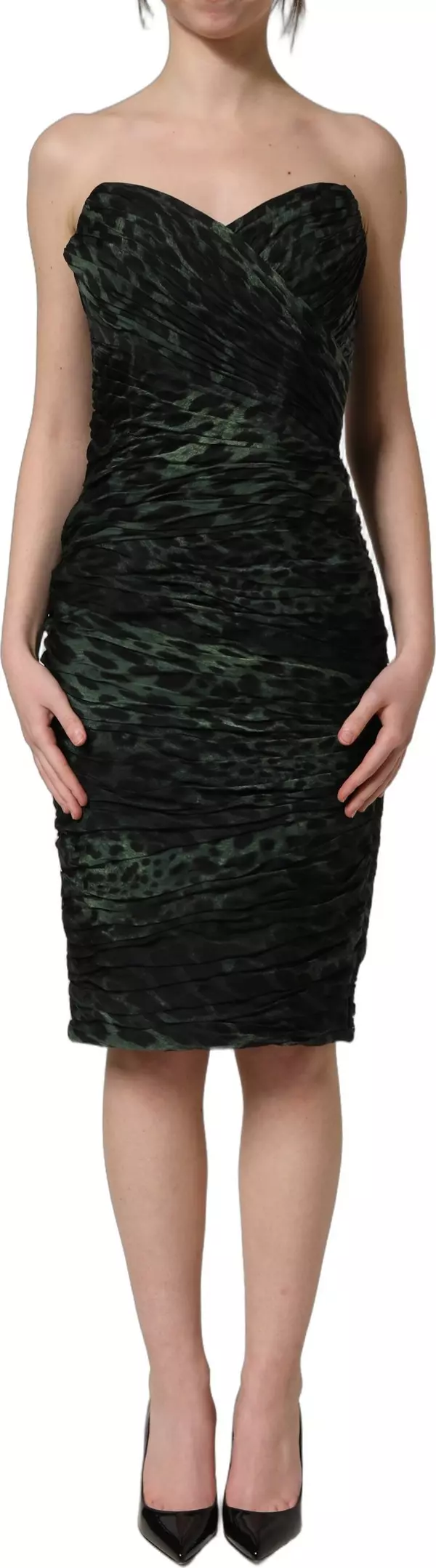 Green Leopard Print Bustier Draped Midi Dress