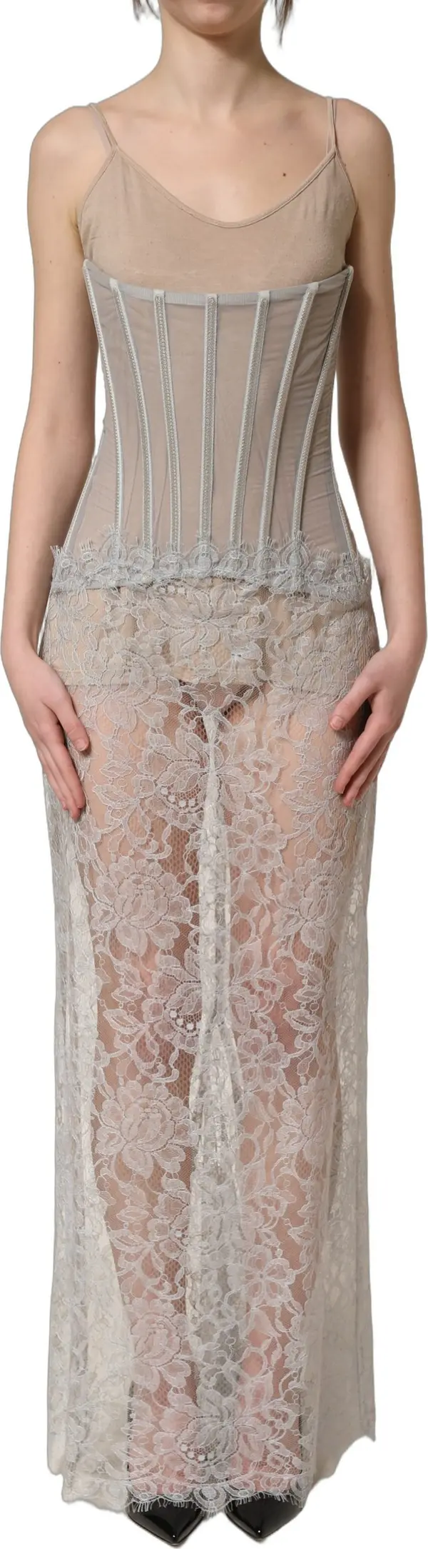 Gray Lace Corset Style Bodice Maxi Dress