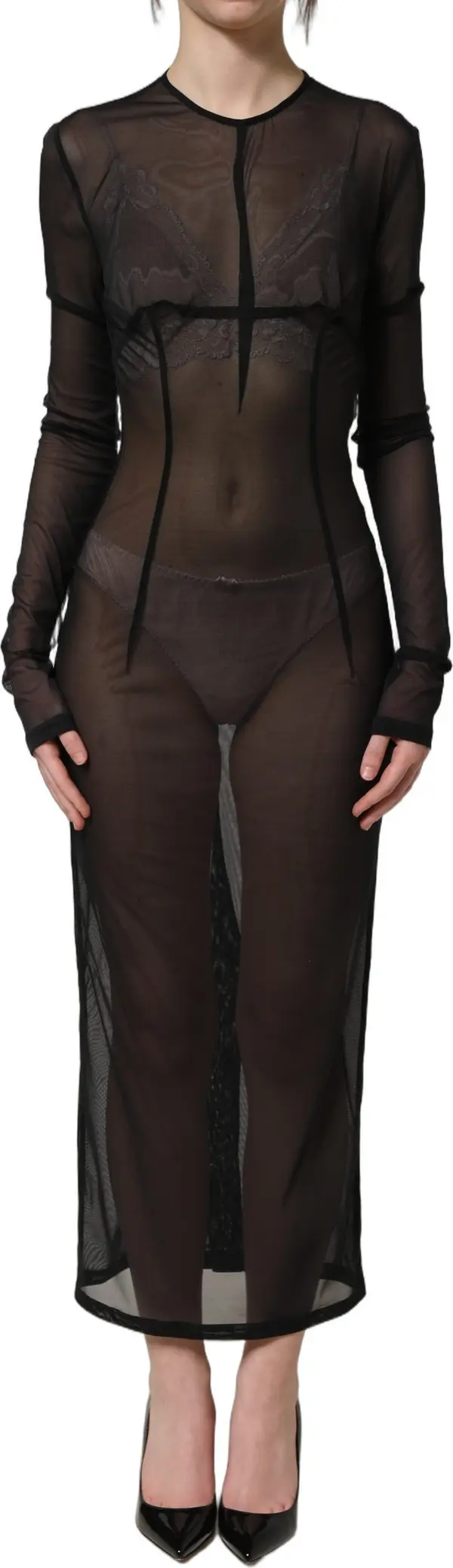 Black Long Sleeve Sheer Fitted Maxi Dress
