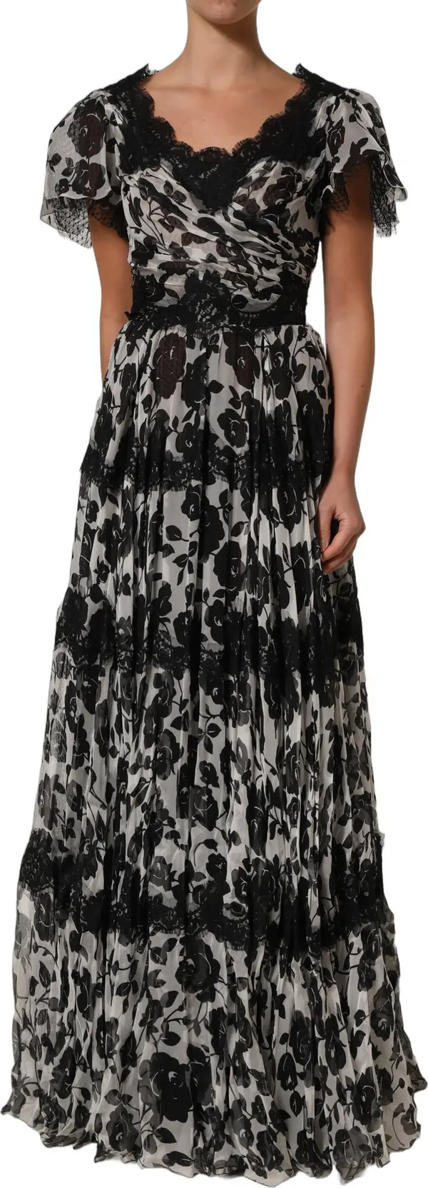 Black Silk Floral Lace Ricamo Ball Maxi Dress