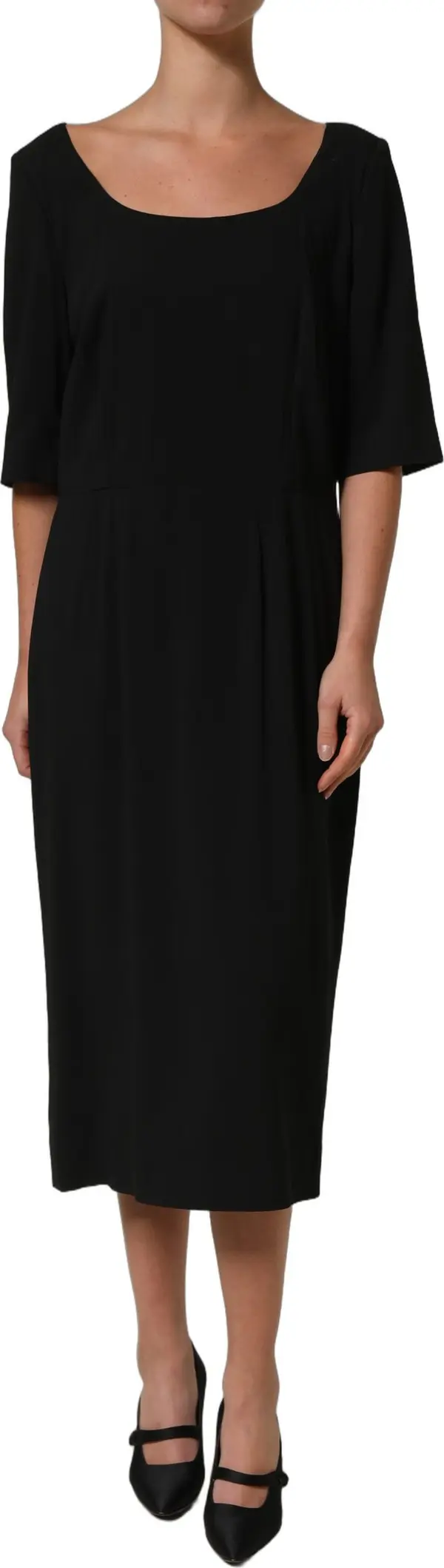 Black Viscose Cropped Sleeves Midi Dress