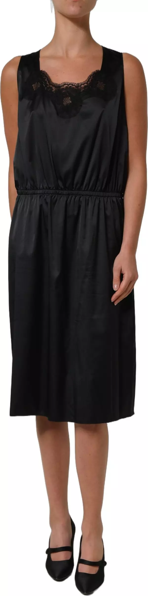 Black Polyester LaceTrim Sheath Midi Dress
