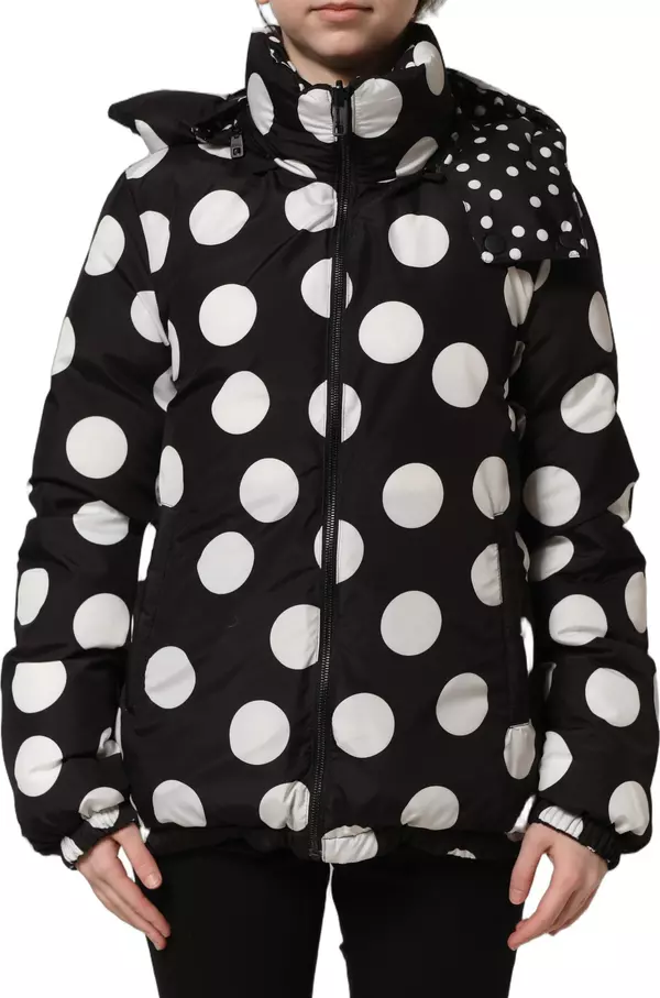 Black White Polka Dot Hooded Blouson Jacket