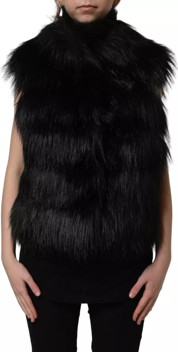 Black Acrylic Faux Fur Sleeveless Vest Jacket