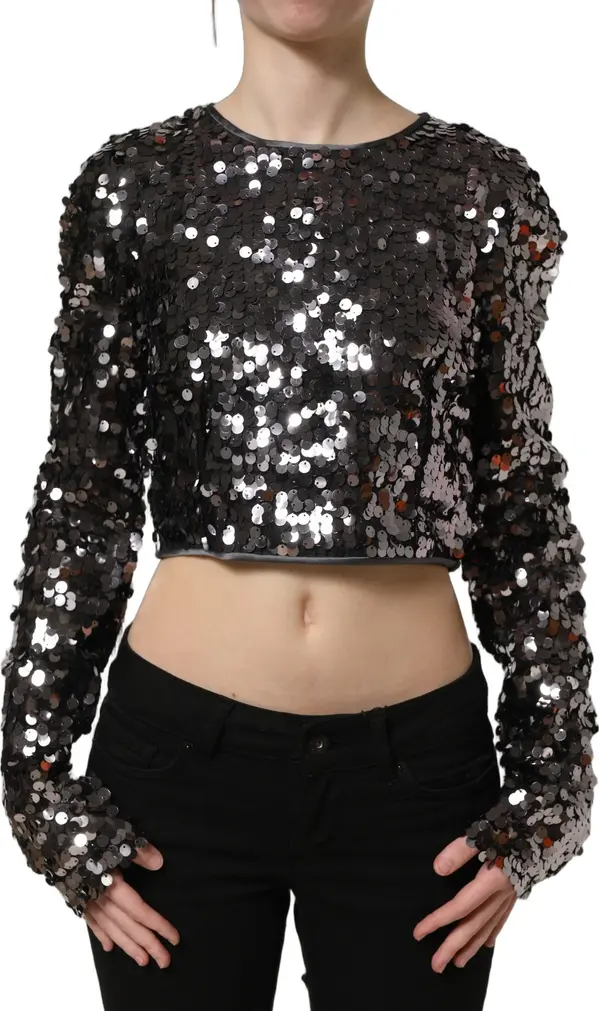 Black Sequined Long Sleeves Crop Blouse Top