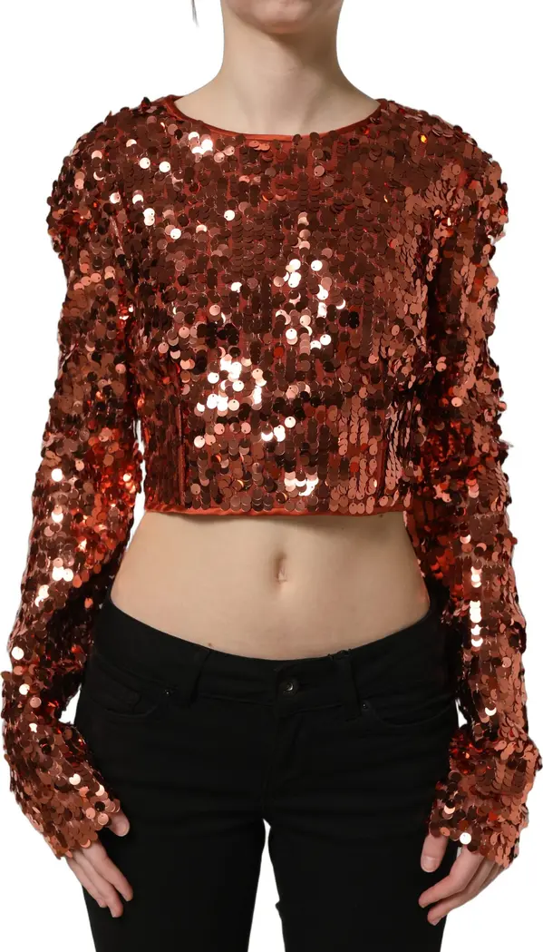 Red Sequined Long Sleeves Crop Blouse Top