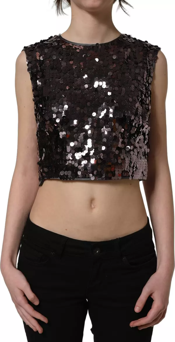 Purple Sequined Sleeveless Cropped Tank Top