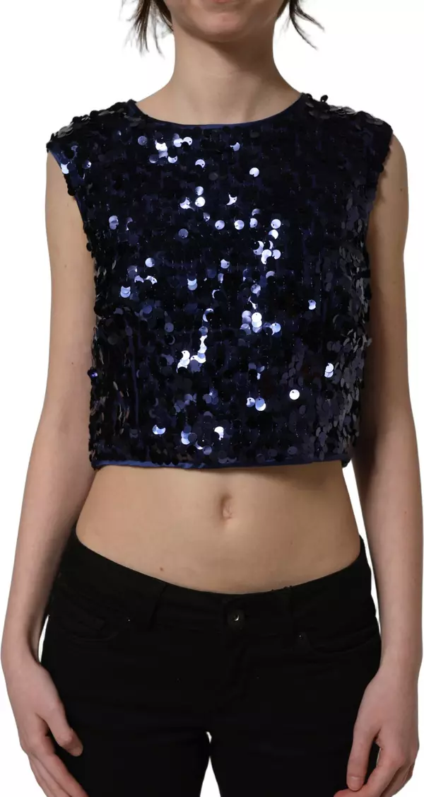 Blue Sequined Sleeveless Cropped Tank Top