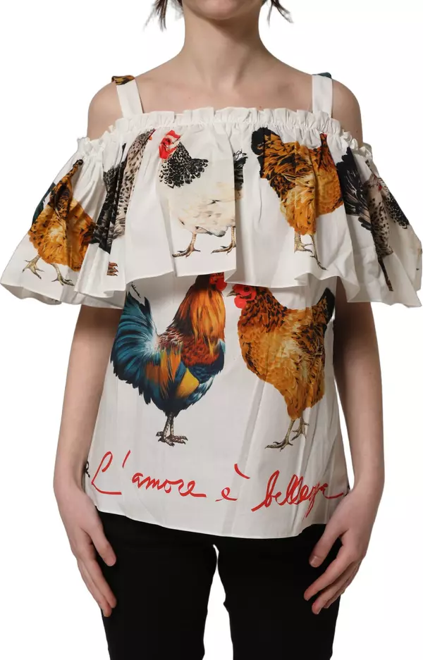 White Rooster Print Poplin Off The Shoulder Top