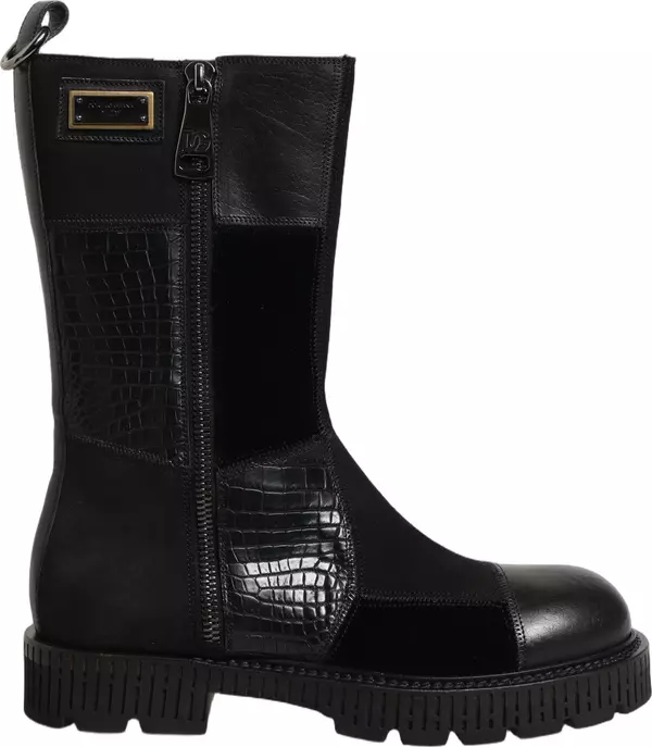 Black Patchwork Leather Mid Calf Boots Shoes
