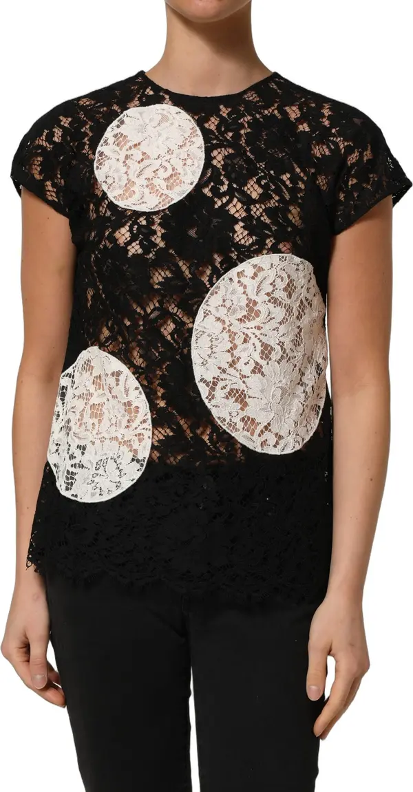 Black White Floral Lace Short Sleeve Blouse Top