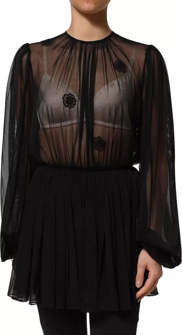 Black Polyester Mesh Sheer Crewneck Blouse Top