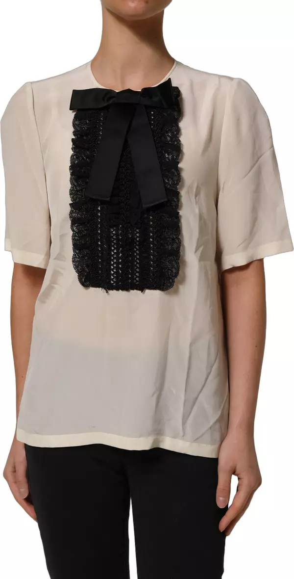 Beige Lace Trim Bow Short Sleeves Blouse Top