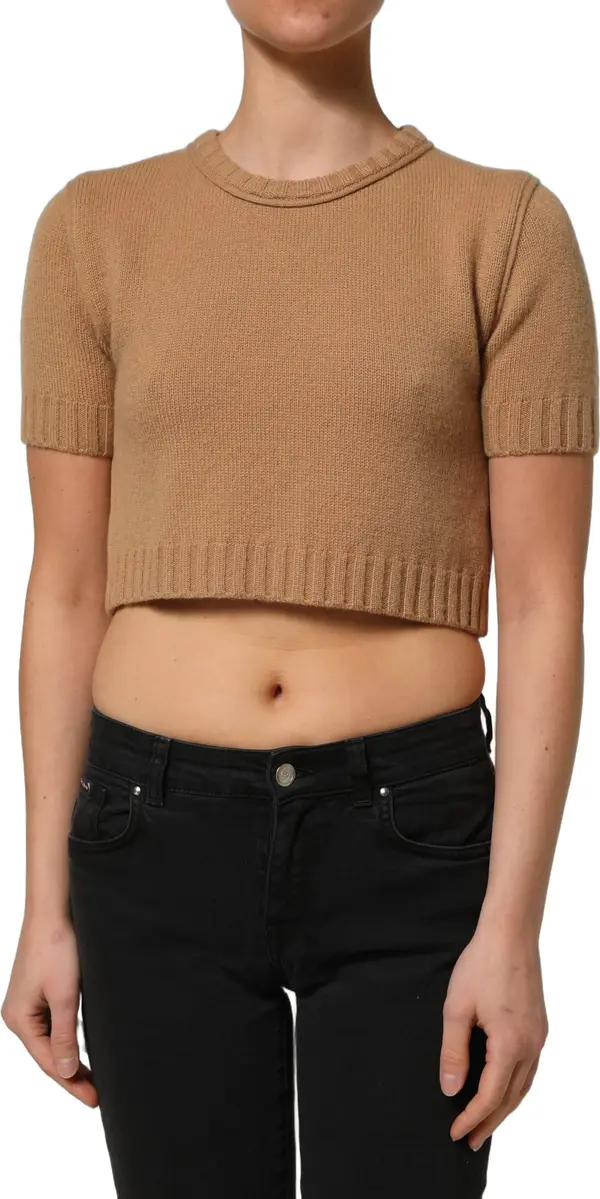 Brown Wool Short Sleeves Cropped Blouse Top