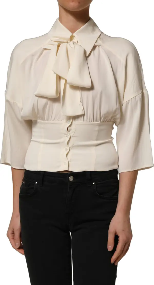Off White Ascot Collar Long Sleeves Blouse Top