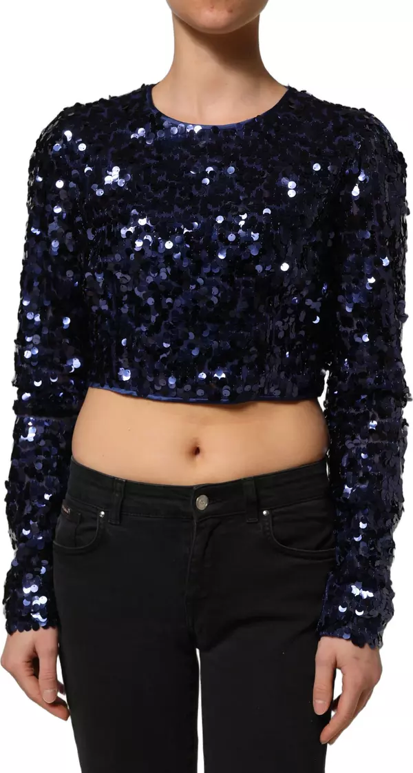 Blue Sequined Long Sleeves Crop Blouse Top