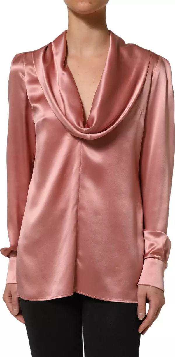 Pink Satin Silk V-neck Long Sleeves Blouse Top