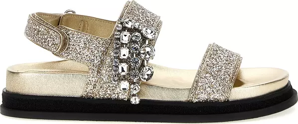 Gold Textile Flat Sandals