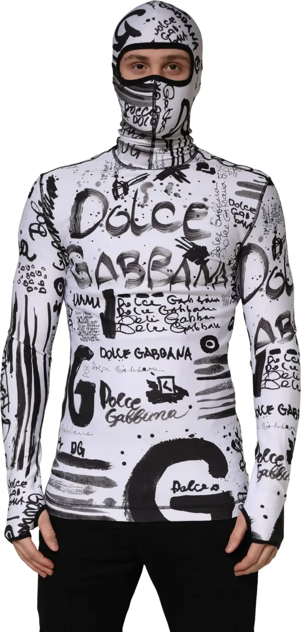 White Jersey Graffiti Print Balaclava Hood Sweater