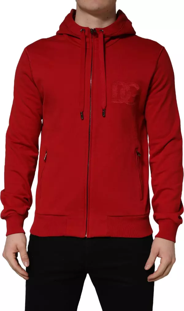 Red Embroidered Logo Hooded Full Zip Sweater