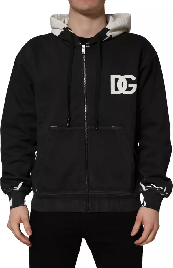 Black Cotton Logo Hooded Full Zip Sweater